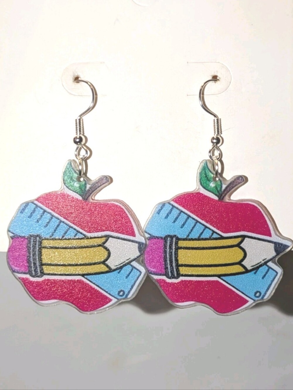 Hand Crafted Women/Kids Red Apple & Pencil Dangle Earrings - Picture 5 of 7